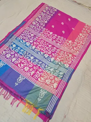 Rani Pink and Aqua Blue Floral Vine Bands 3D Kantha Stitch Blended Bangalore Silk Saree