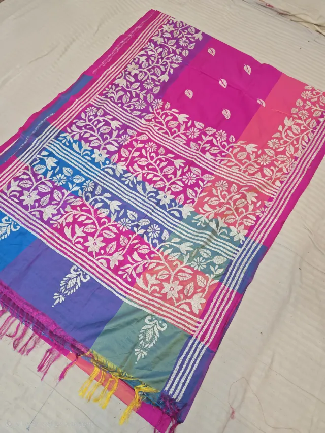 Rani Pink and Aqua Blue Floral Vine Bands 3D Kantha Stitch Blended Bangalore Silk Saree