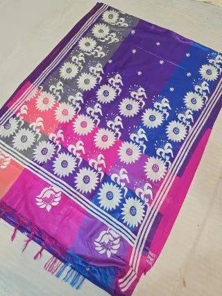 Indigo Purple and Rani Pink Sunflower Motif 3D Kantha Stitch Blended Bangalore Silk Saree