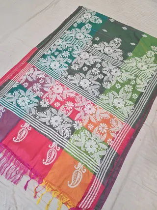 Forest Green and Rani Pink Kalka Multicolor 3D Kantha Stitch Blended Bangalore Silk Saree