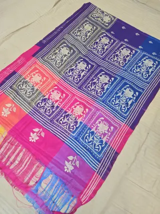 Rani Pink and Royal Purple Floral Tile Grid 3D Kantha Stitch Blended Bangalore Silk Saree