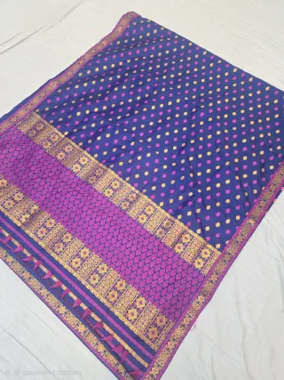 Royal Navy Blue with Rani Pink and Gold Zari Weave Assam Silk Saree