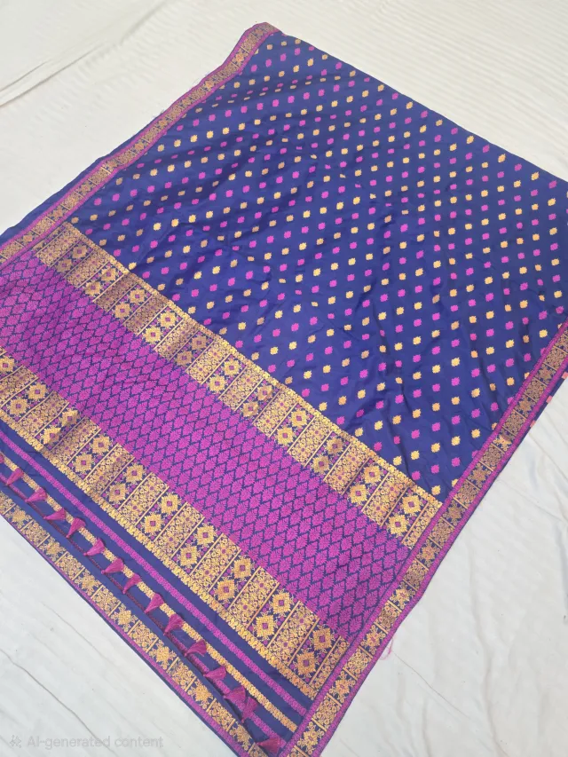 Royal Navy Blue with Rani Pink and Gold Zari Weave Assam Silk Saree