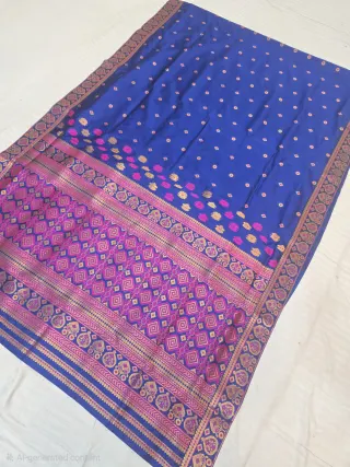 Royal Blue with Rani Pink and Gold Zari Weave Assam Silk Saree