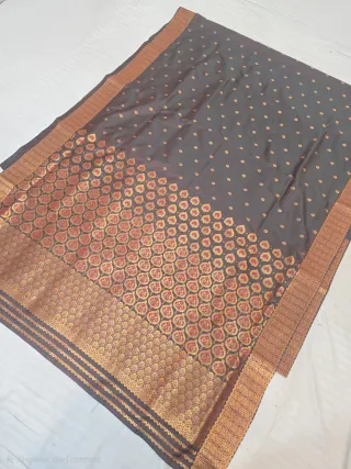 Charcoal Black with Gold Zari and Orange Paan Motif Weave Assam Silk Saree