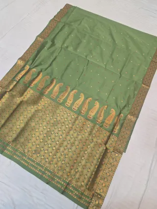 Sage Green with Gold Zari Paisley Kalka Weave Assam Silk Saree