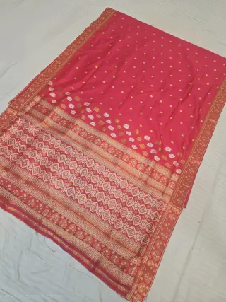 Rani Pink with Gold Zari and White Floral Weave Assam Silk Saree