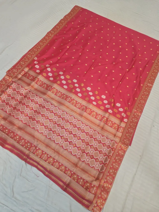 Rani Pink with Gold Zari and White Floral Weave Assam Silk Saree
