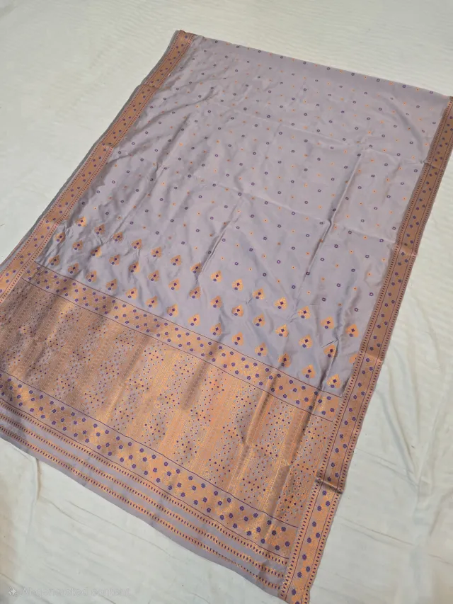 Lilac Grey with Copper Gold Zari and Purple Weave Assam Silk Saree