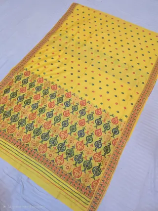 Sunshine Yellow with Multicolor Paan Kalga Weave Assam Silk Saree