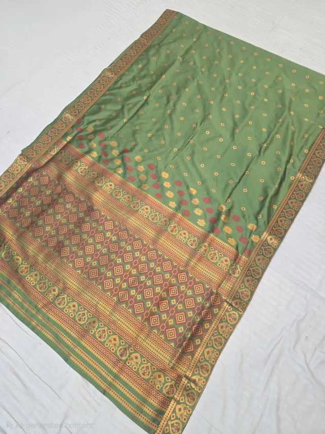 Sage Olive Green with Rani Pink and Gold Zari Weave Assam Silk Saree