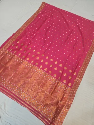 Rani Pink with Gold Zari and White Floral Weave Assam Silk Saree