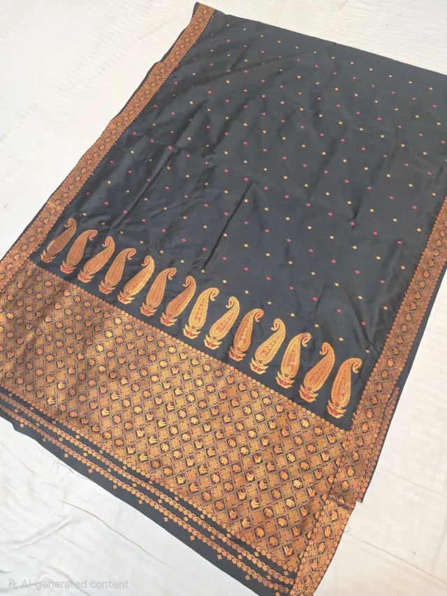 Jet Black with Gold Zari Paisley Kalka Weave Assam Silk Saree