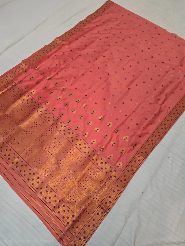 Peach with Copper Gold Zari and Purple Weave Assam Silk Saree