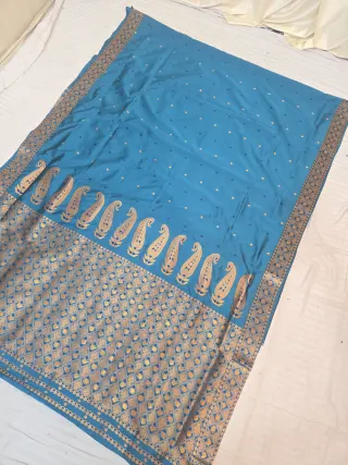 Peacock Blue with Gold Zari Paisley Kalka Weave Assam Silk Saree