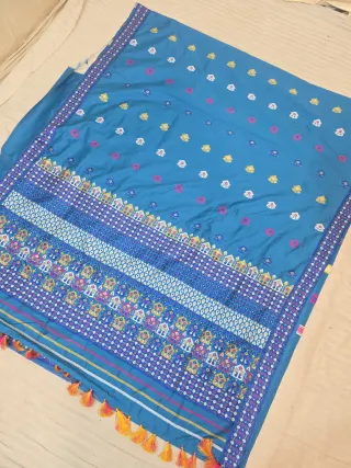 Peacock Blue with Multicolor Temple Motif Weave Assam Silk Saree
