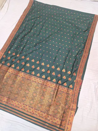 Bottle Green with Rani Pink and Gold Zari Weave Assam Silk Saree