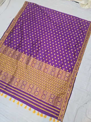 Royal Purple with Gold Zari Floral Buti Weave Assam Silk Saree