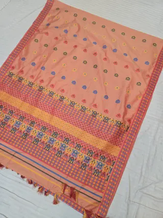 Peach with Multicolor Temple Motif Weave Assam Silk Saree