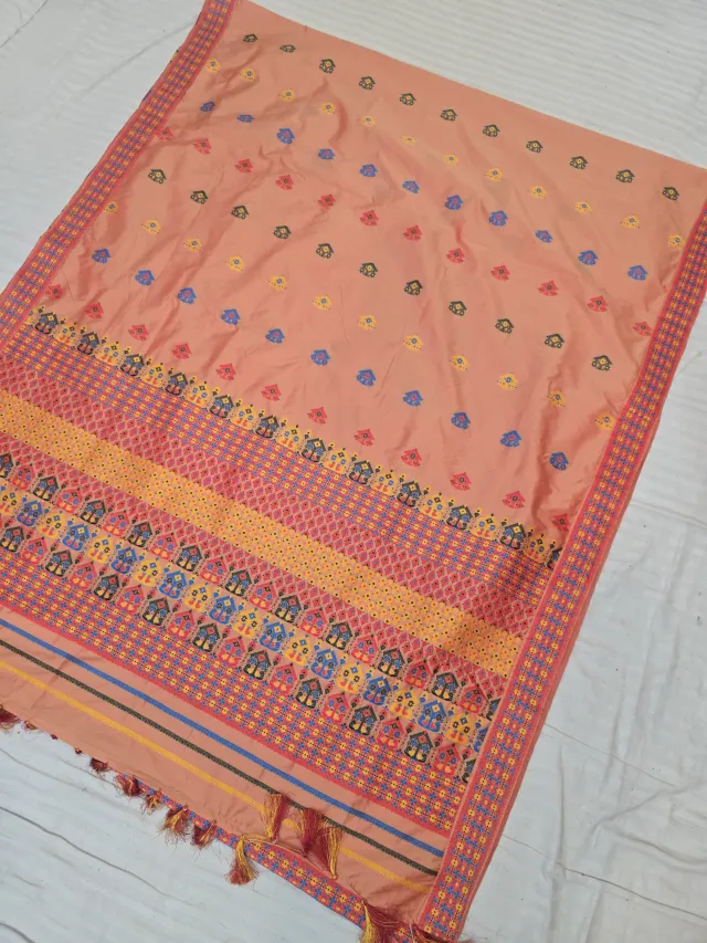 Peach with Multicolor Temple Motif Weave Assam Silk Saree