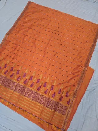 Marigold Orange with Royal Purple and Gold Zari Weave Assam Silk Saree