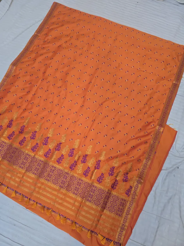Marigold Orange with Royal Purple and Gold Zari Weave Assam Silk Saree
