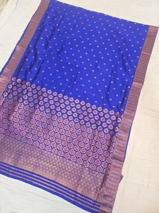 Royal Blue with Rani Pink and Gold Zari Paan Motif Weave Assam Silk Saree
