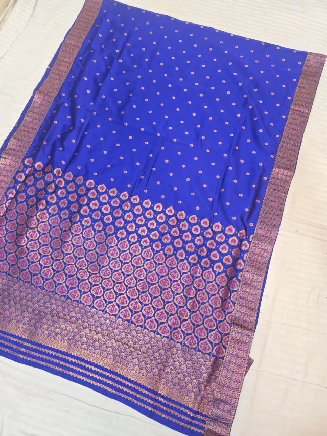 Royal Blue with Rani Pink and Gold Zari Paan Motif Weave Assam Silk Saree