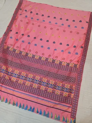 Baby Pink with Multicolor Temple Motif Weave Assam Silk Saree