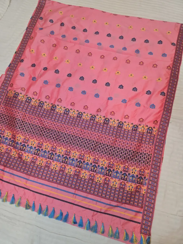 Baby Pink with Multicolor Temple Motif Weave Assam Silk Saree