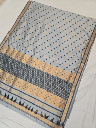 Ash Grey with Charcoal Black and Yellow Weave Assam Silk Saree