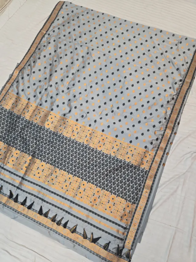 Ash Grey with Charcoal Black and Yellow Weave Assam Silk Saree