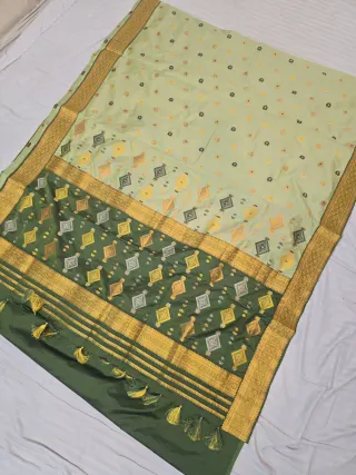 Pista Green with Contrast Moss Green Panel Assam Silk Saree