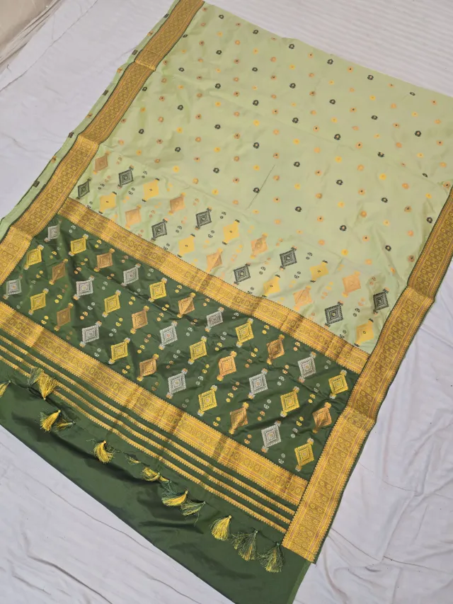 Pista Green with Contrast Moss Green Panel Assam Silk Saree