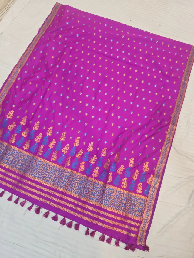 Magenta Rani Pink with Peacock Blue and Gold Zari Weave Assam Silk Saree