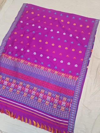Violet Purple with Multicolor Temple Motif Weave Assam Silk Saree