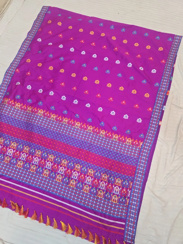 Violet Purple with Multicolor Temple Motif Weave Assam Silk Saree