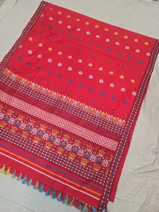 Crimson Red with Multicolor Temple Motif Weave Assam Silk Saree