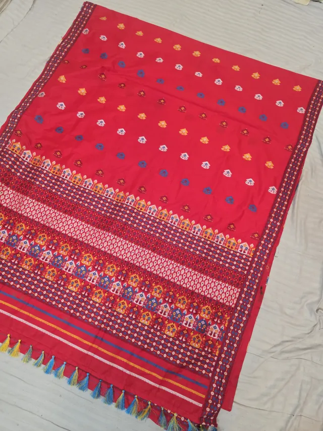 Crimson Red with Multicolor Temple Motif Weave Assam Silk Saree