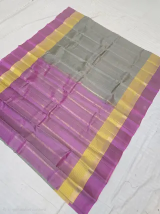 Ash Grey with Golden Yellow and Magenta Contrast Border Pure Mulberry Silk Gadwal Saree