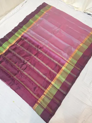 Skin Tone Pinkish Beige with Wine Pallu and Olive Green Border Pure Mulberry Silk Gadwal Saree