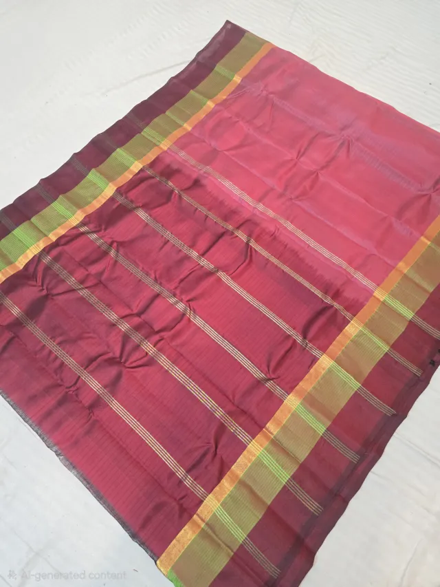 Warm Peach with Deep Maroon Pallu and Olive Green Border Pure Mulberry Silk Gadwal Saree