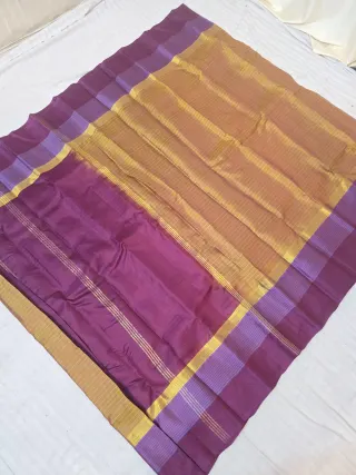Mustard Yellow with Deep Purple Pallu and Border Pure Mulberry Silk Gadwal Saree