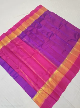 Rich Purple with Rani Pink Pallu and Mustard Gold Border Pure Mulberry Silk Gadwal Saree