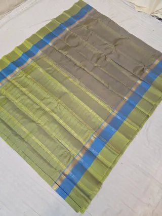 Dual-Tone Greenish Grey with Lemon Green Pallu and Royal Blue Accent Pure Mulberry Silk Gadwal Saree