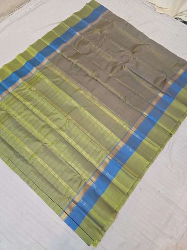 Dual-Tone Greenish Grey with Lemon Green Pallu and Royal Blue Accent Pure Mulberry Silk Gadwal Saree