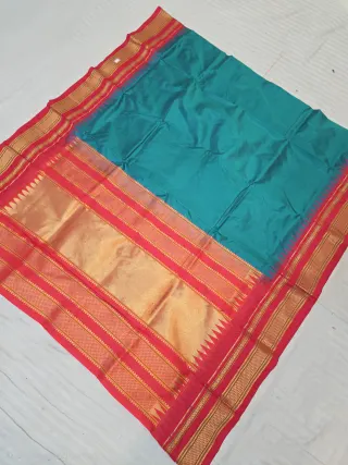 Peacock Green with Rich Red Temple Border and Pallu Pure Mulberry Silk Gadwal Saree