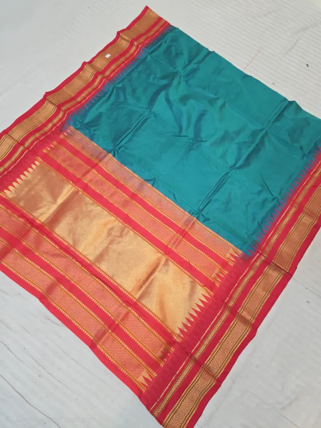 Peacock Green with Rich Red Temple Border and Pallu Pure Mulberry Silk Gadwal Saree