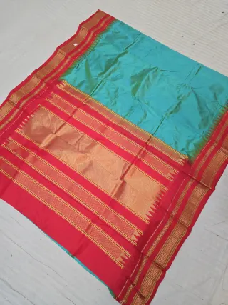 Dual-Tone Sky Blue with Mustard Yellow Shimmer and Red Temple Border Pure Mulberry Silk Gadwal Saree