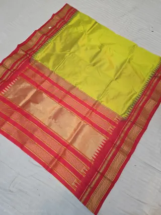 Mustard Yellow with Rich Red Temple Border and Pallu Pure Mulberry Silk Gadwal Saree
